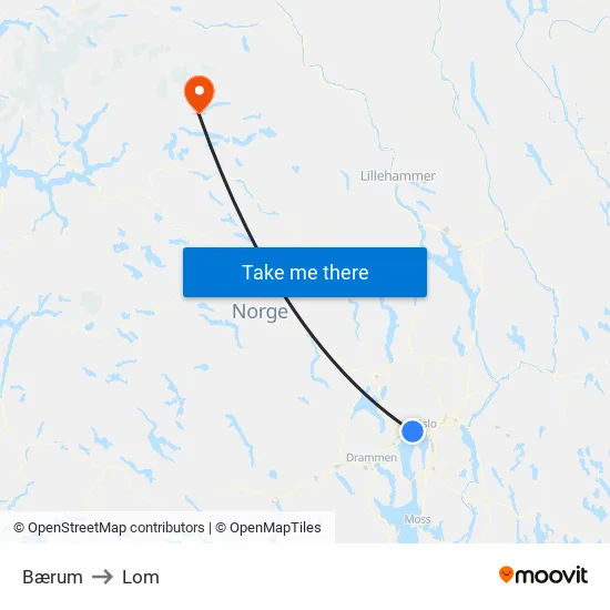 Bærum to Lom map