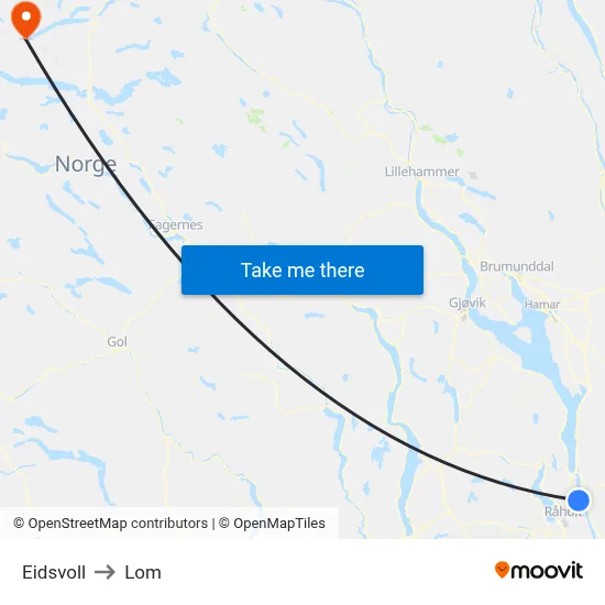 Eidsvoll to Lom map