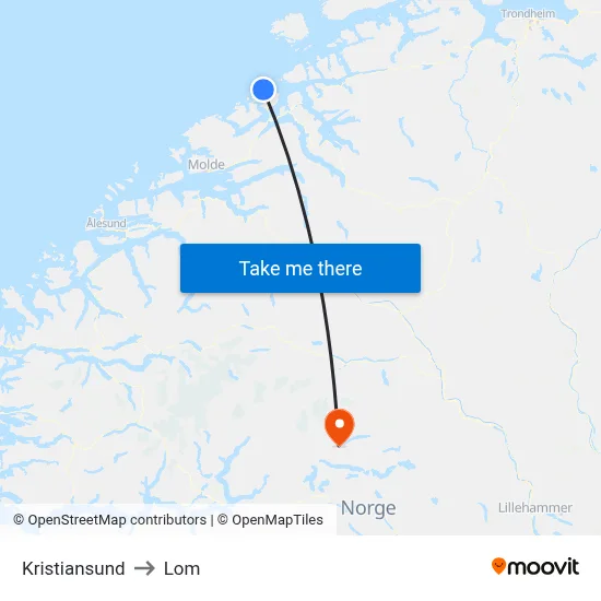 Kristiansund to Lom map