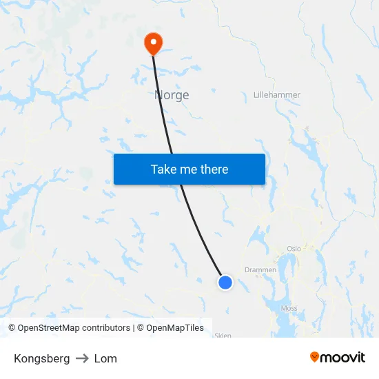 Kongsberg to Lom map