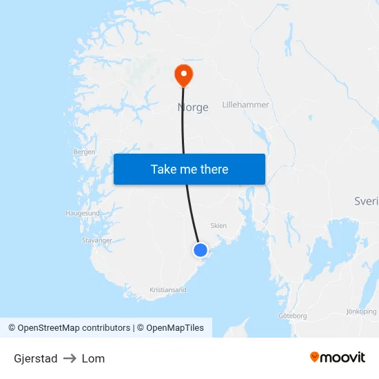 Gjerstad to Lom map