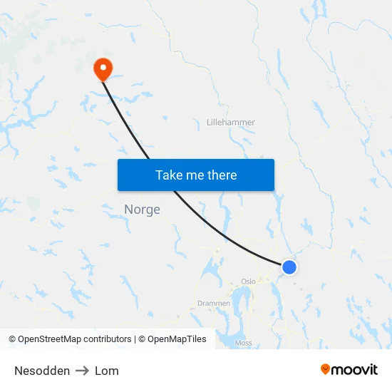Nesodden to Lom map