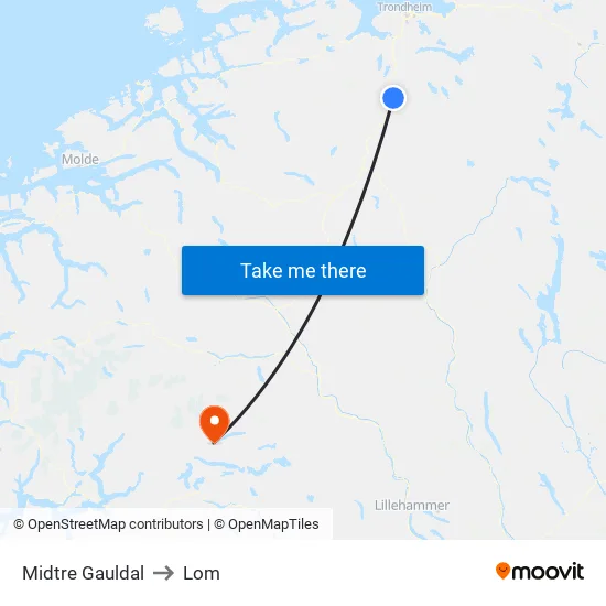 Midtre Gauldal to Lom map