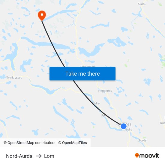 Nord-Aurdal to Lom map