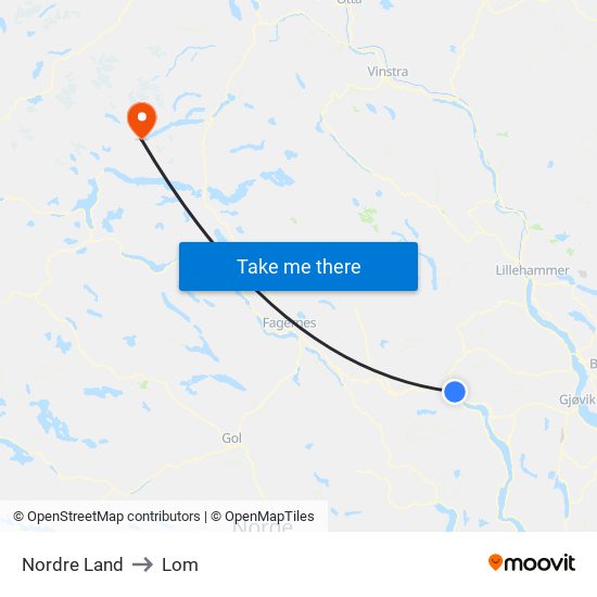 Nordre Land to Lom map