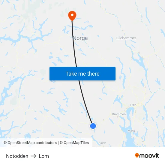 Notodden to Lom map