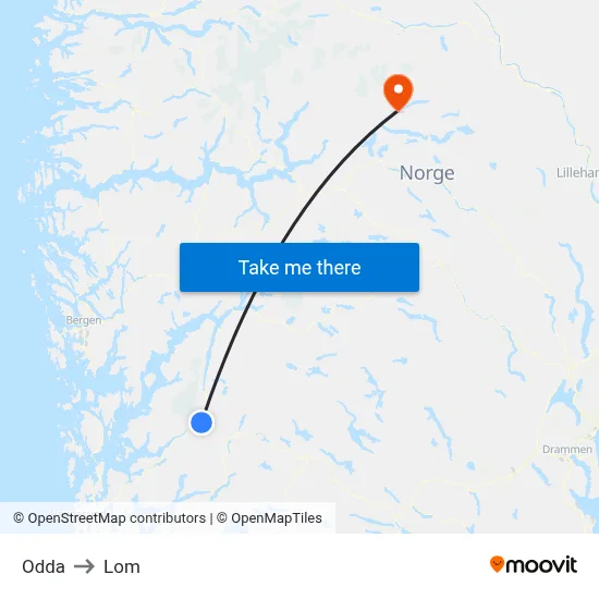 Odda to Lom map