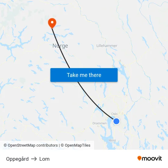 Oppegård to Lom map