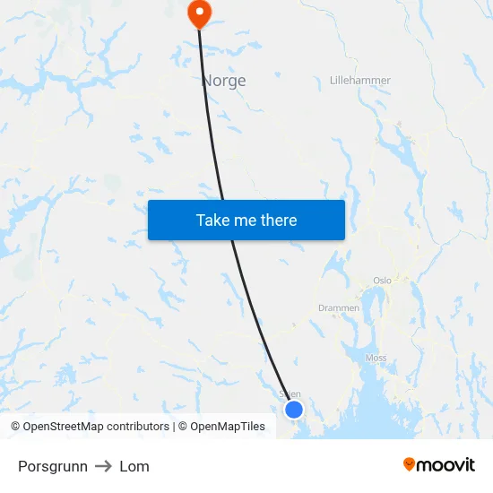 Porsgrunn to Lom map
