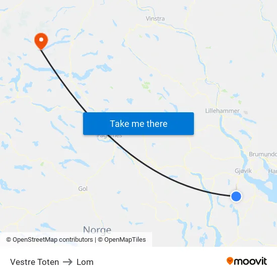 Vestre Toten to Lom map