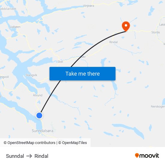 Sunndal to Rindal map