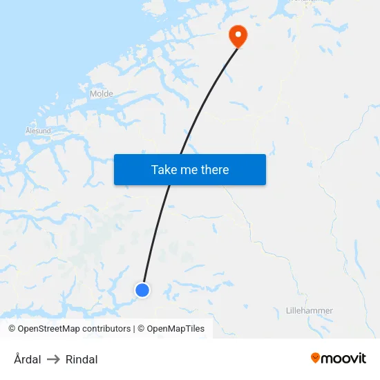 Årdal to Rindal map