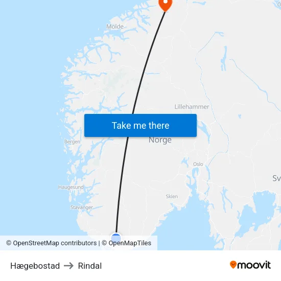 Hægebostad to Rindal map