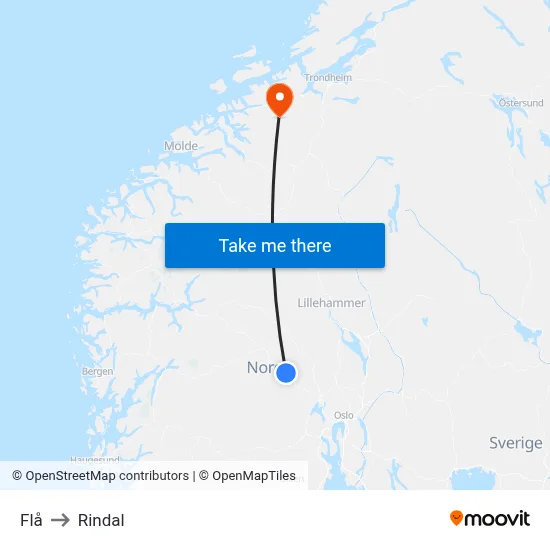 Flå to Rindal map