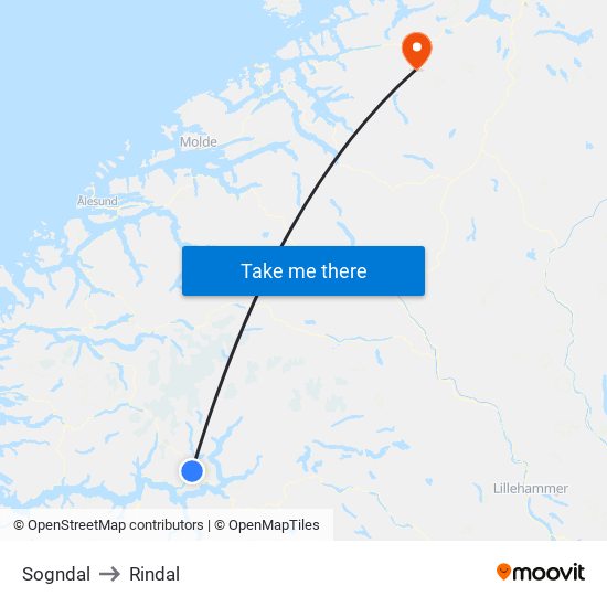 Sogndal to Rindal map