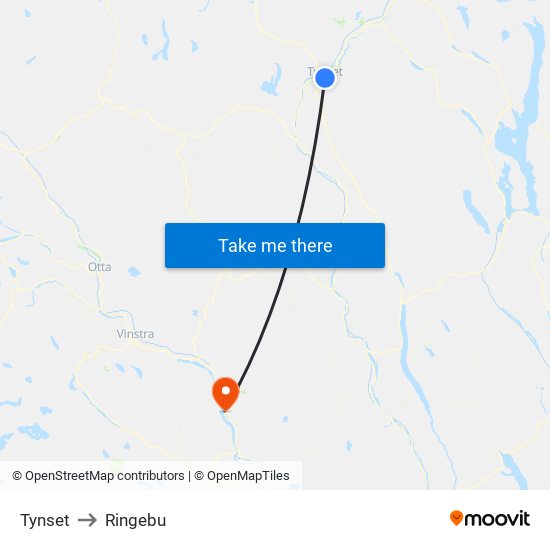 Tynset to Ringebu map