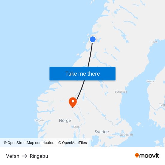 Vefsn to Ringebu map