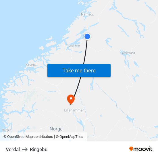 Verdal to Ringebu map