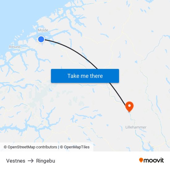 Vestnes to Ringebu map