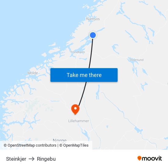 Steinkjer to Ringebu map