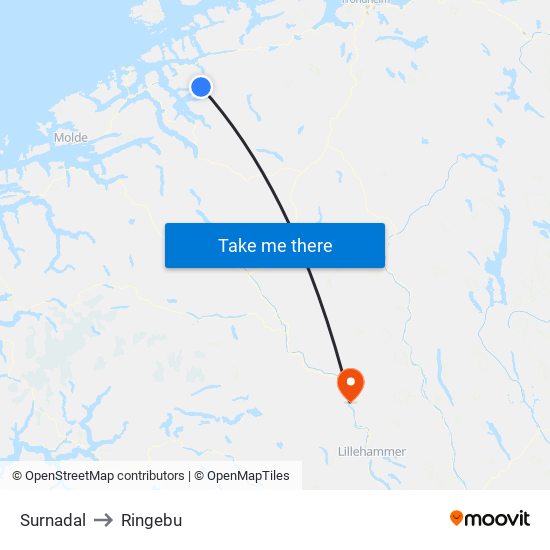 Surnadal to Ringebu map