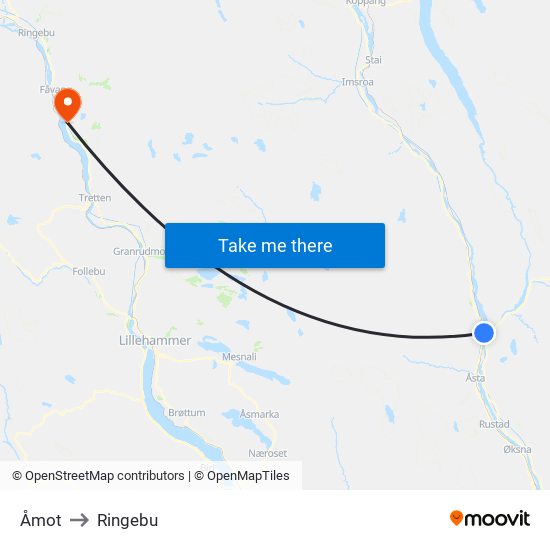 Åmot to Ringebu map