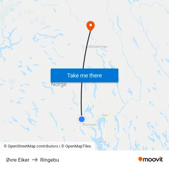 Øvre Eiker to Ringebu map