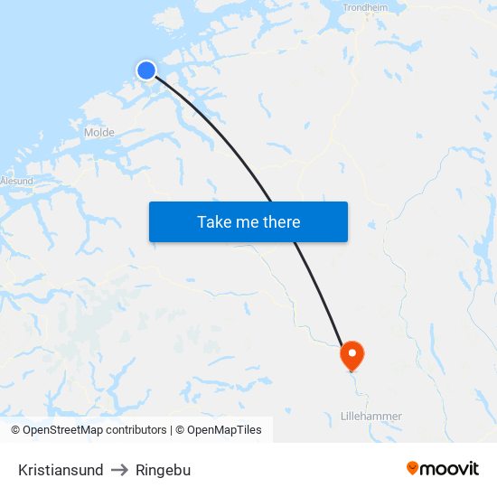 Kristiansund to Ringebu map