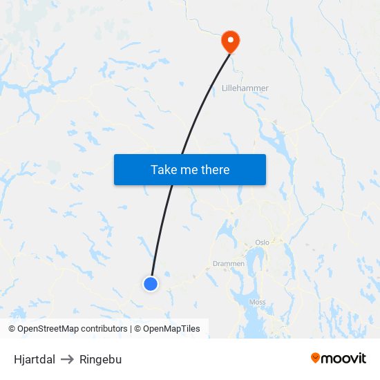 Hjartdal to Ringebu map