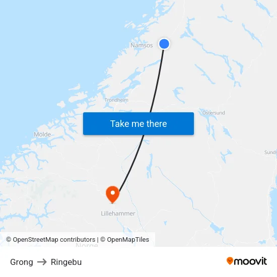 Grong to Ringebu map