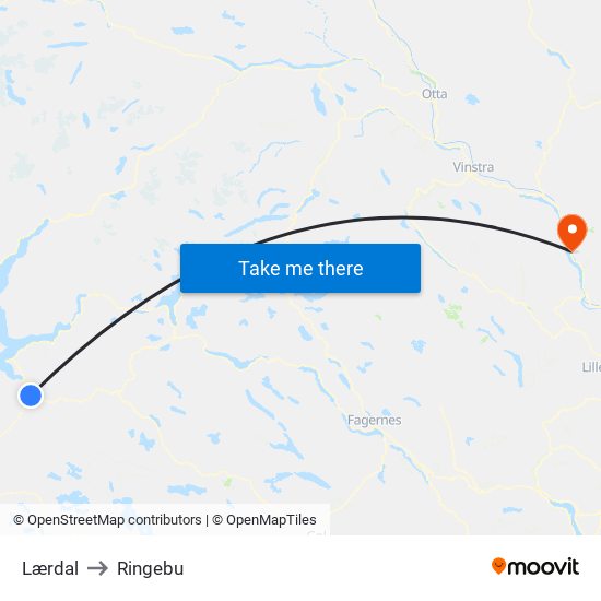 Lærdal to Ringebu map