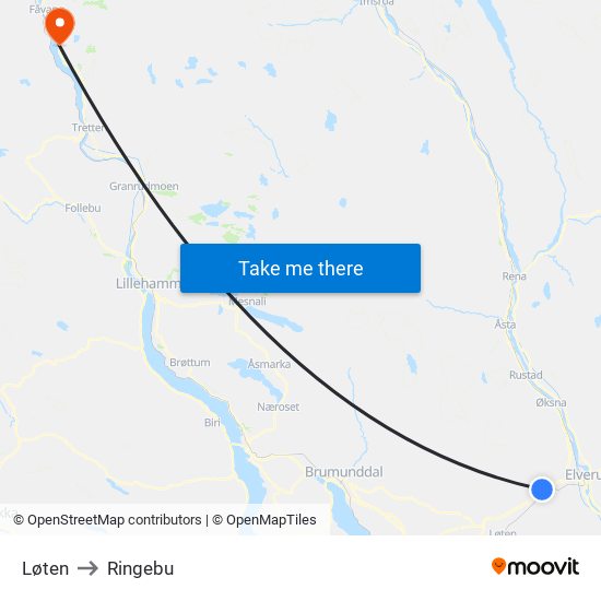 Løten to Ringebu map