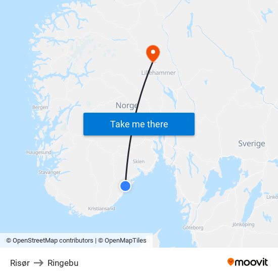 Risør to Ringebu map