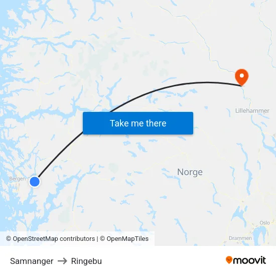 Samnanger to Ringebu map