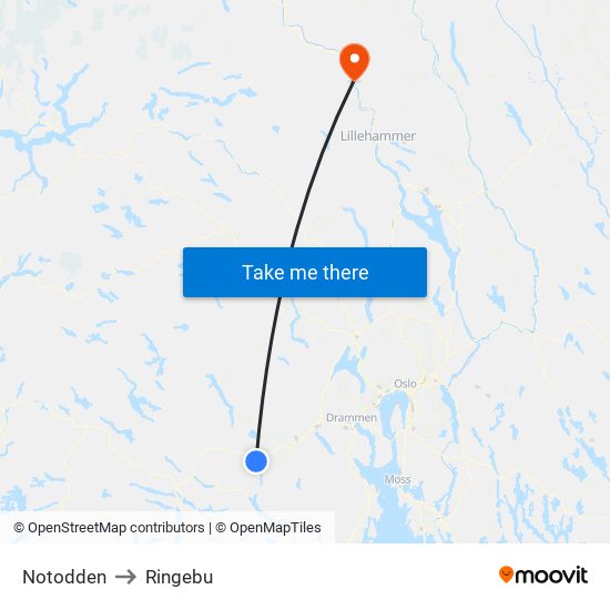 Notodden to Ringebu map