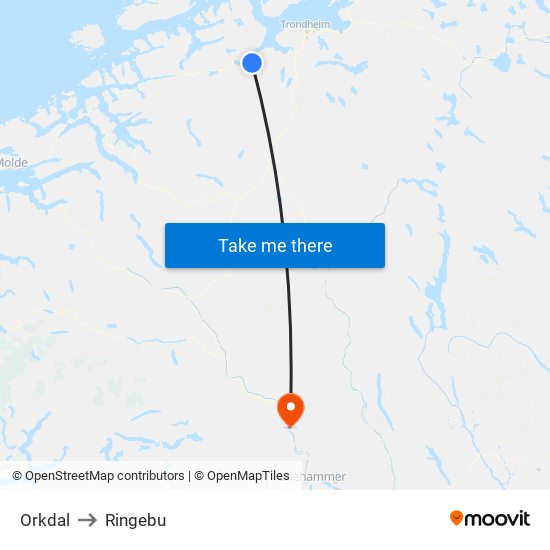 Orkdal to Ringebu map