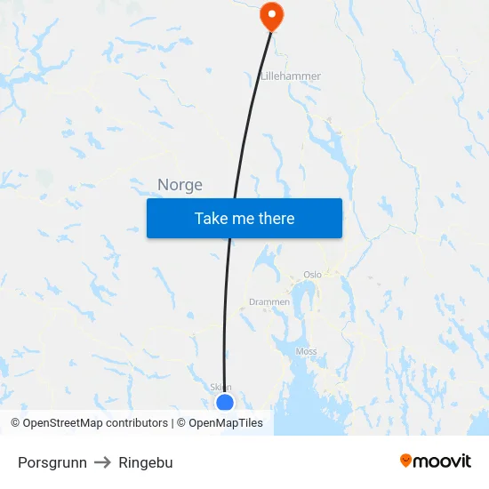 Porsgrunn to Ringebu map