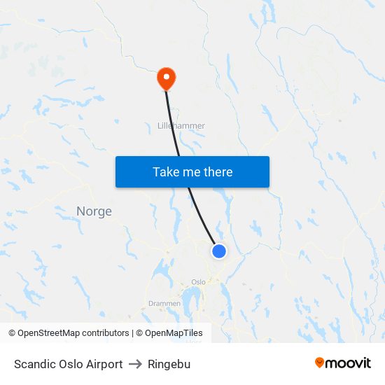 Scandic Oslo Airport to Ringebu map