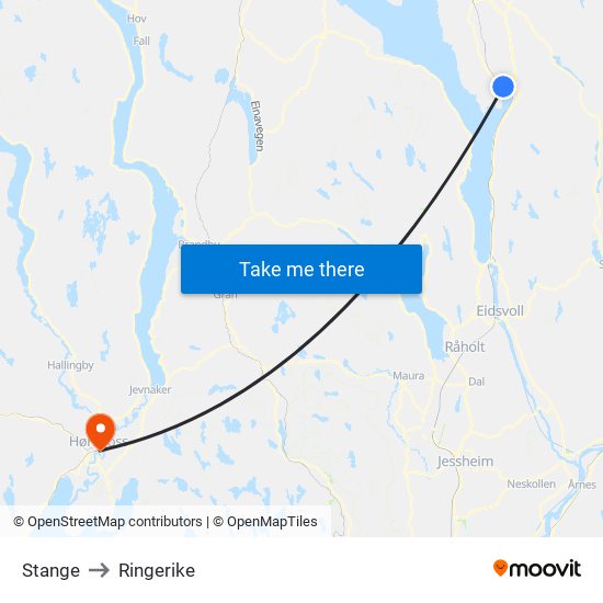 Stange to Ringerike map