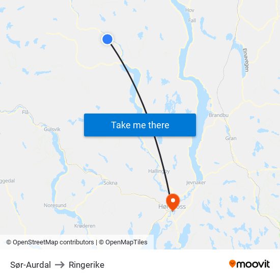 Sør-Aurdal to Ringerike map