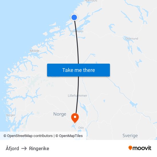 Åfjord to Ringerike map