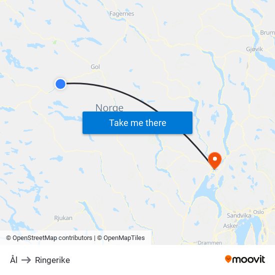Ål to Ringerike map