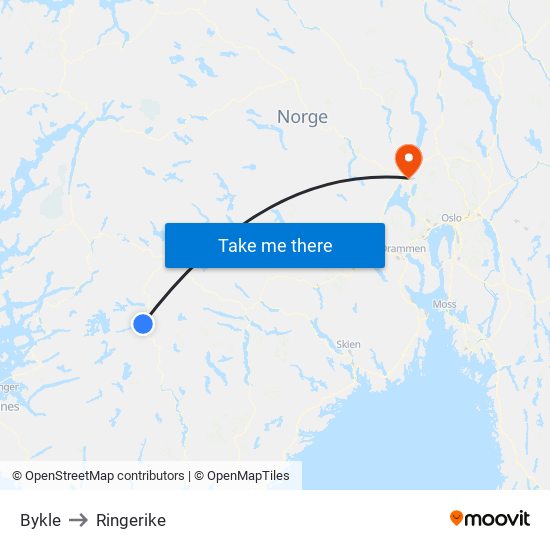 Bykle to Ringerike map