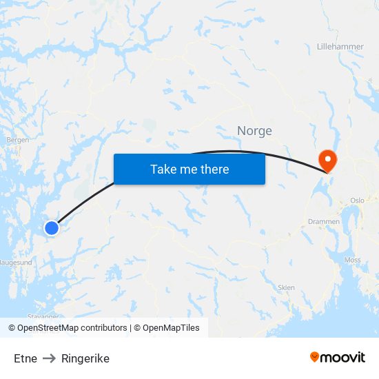 Etne to Ringerike map