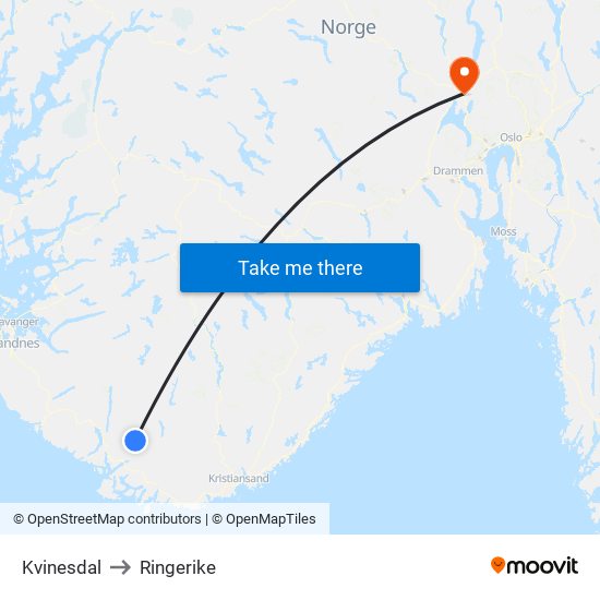 Kvinesdal to Ringerike map