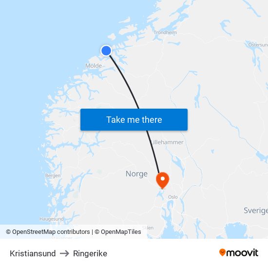 Kristiansund to Ringerike map