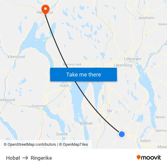 Hobøl to Ringerike map