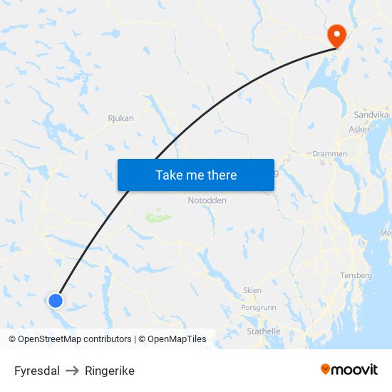 Fyresdal to Ringerike map