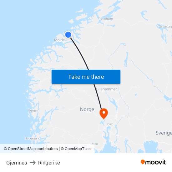 Gjemnes to Ringerike map