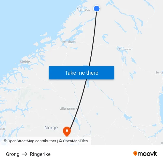 Grong to Ringerike map